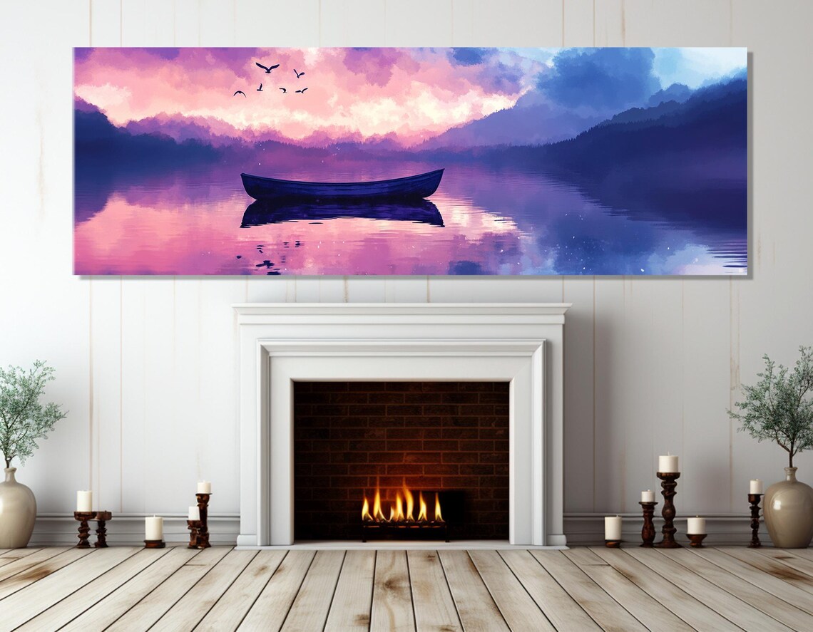Lonely Boat Purple Sunset Lake Calm Water Reflection Nature Poster - Image 2
