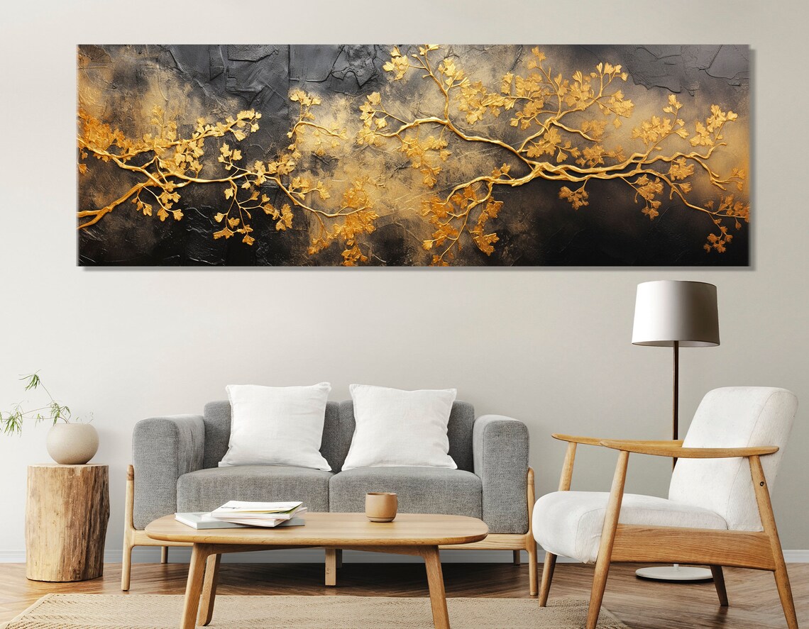 Golden Tree Branch Abstract Art Print, Black Background - Image 3