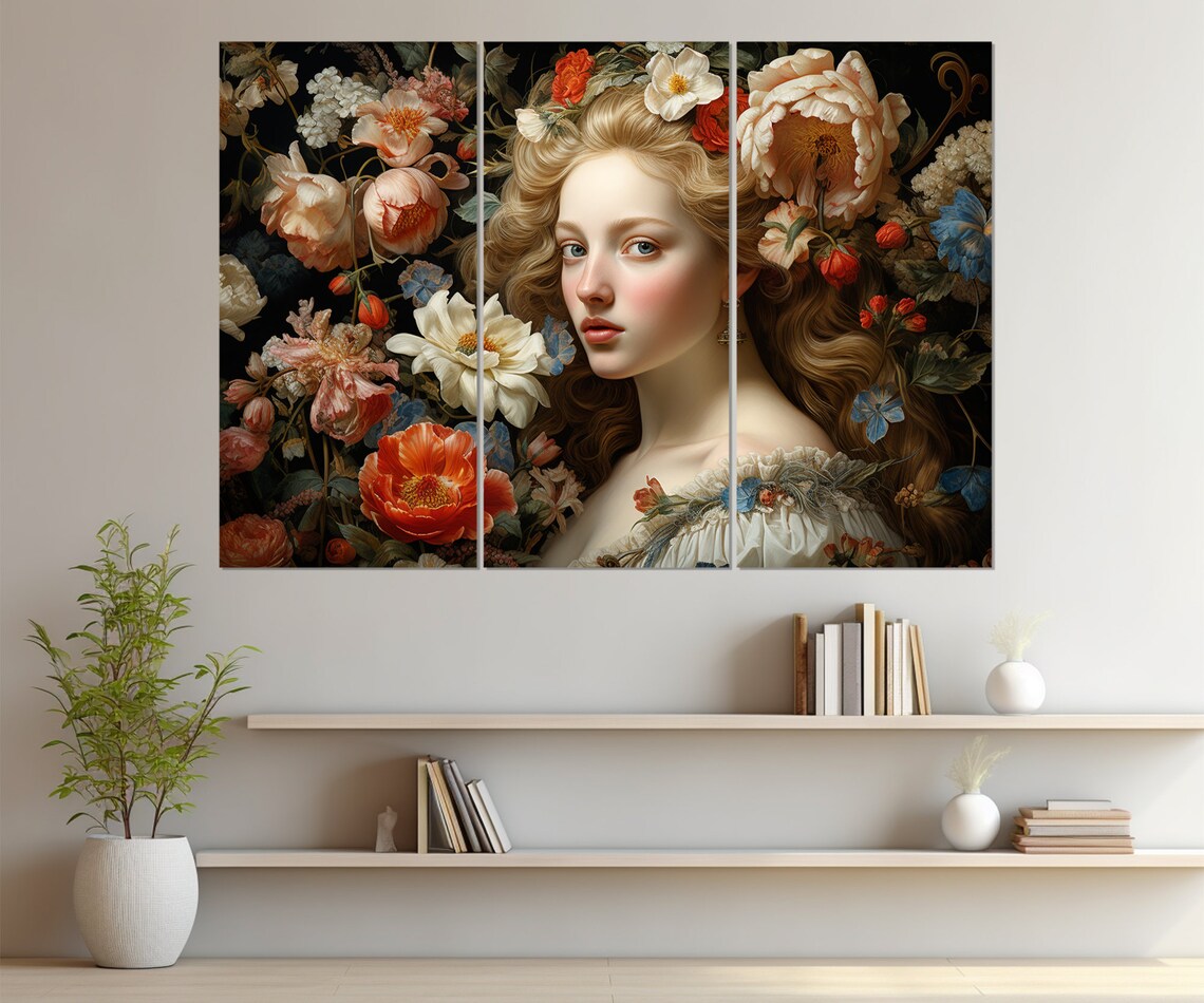 Medieval Floral Portrait Woman Dark Botanical Renaissance Art Print - Image 4