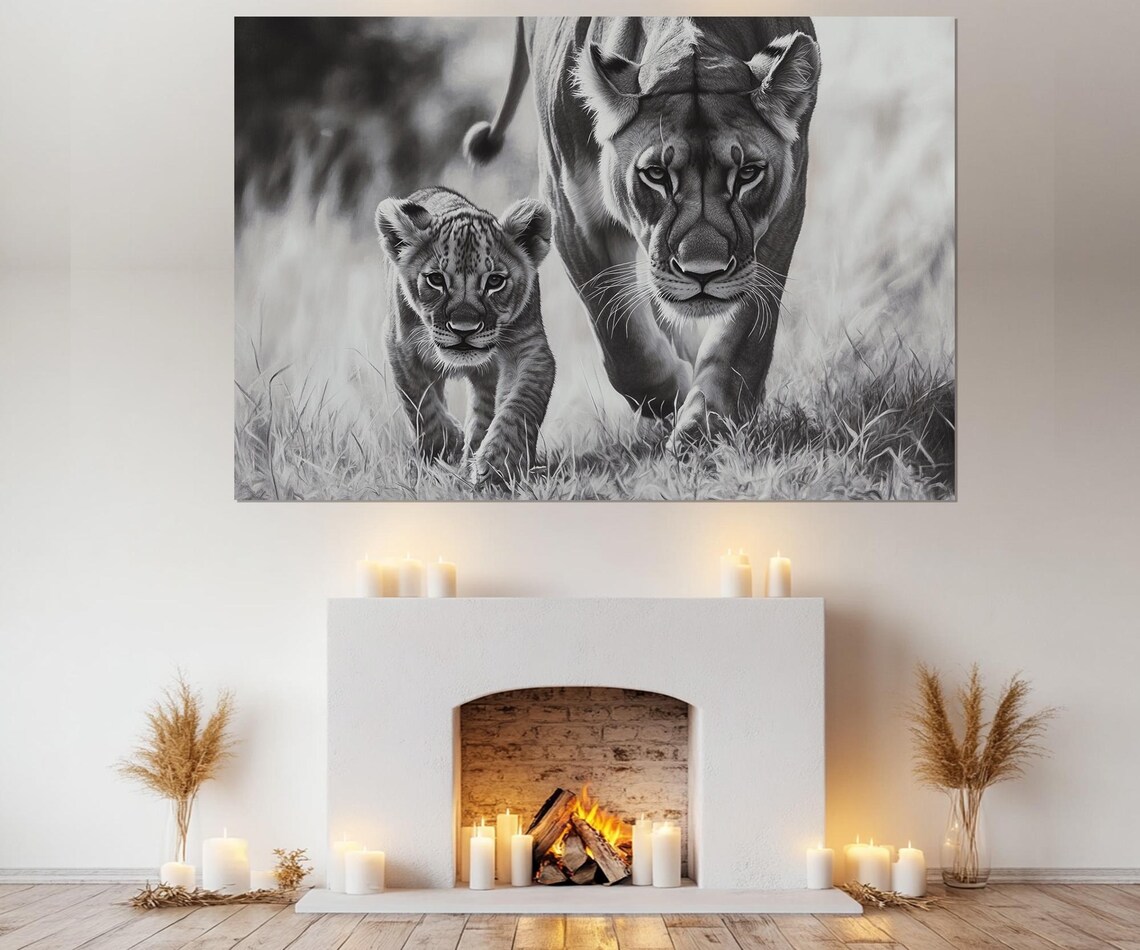 Lioness And Cub Walking Tall Grass Black White Wildlife Art Poster - Image 2