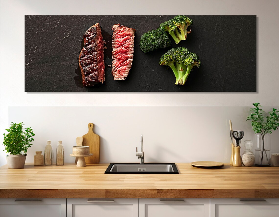 Medium Rare Steak Sliced Broccoli Black Slate Food Photography Poster