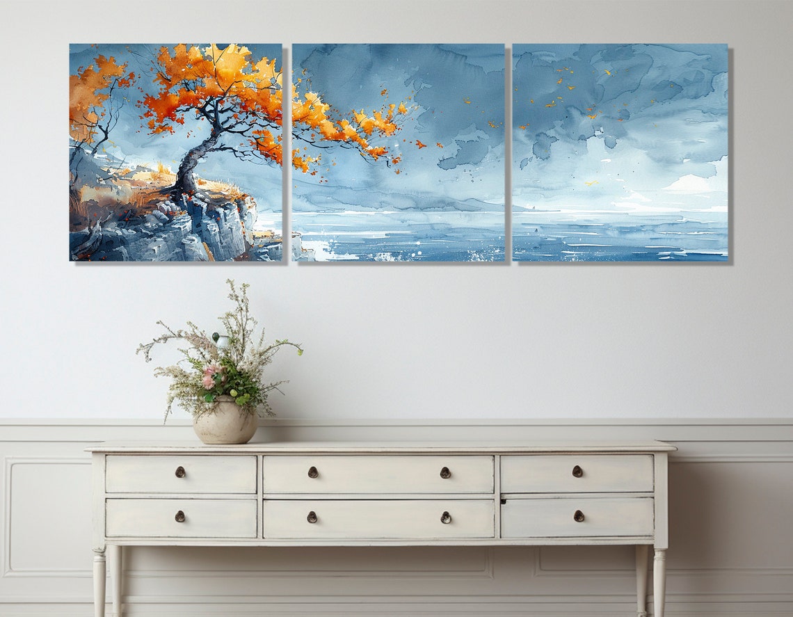 Lonely Orange Autumn Tree On Windy Ocean Cliff Watercolor Poster - Image 4