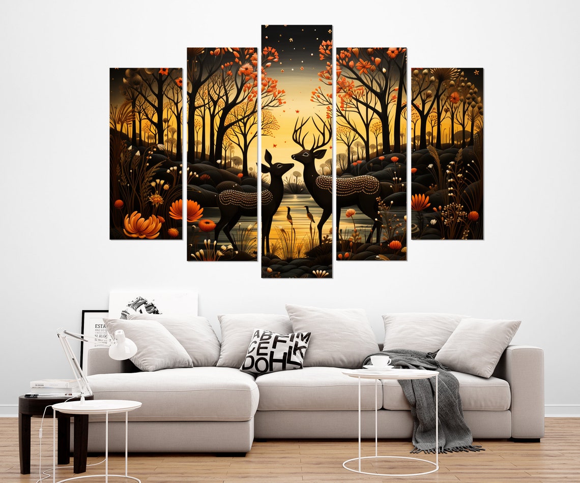 Two Dark Deer In Autumn Sunset Forest Fantasy Wall Decor Poster - Image 2
