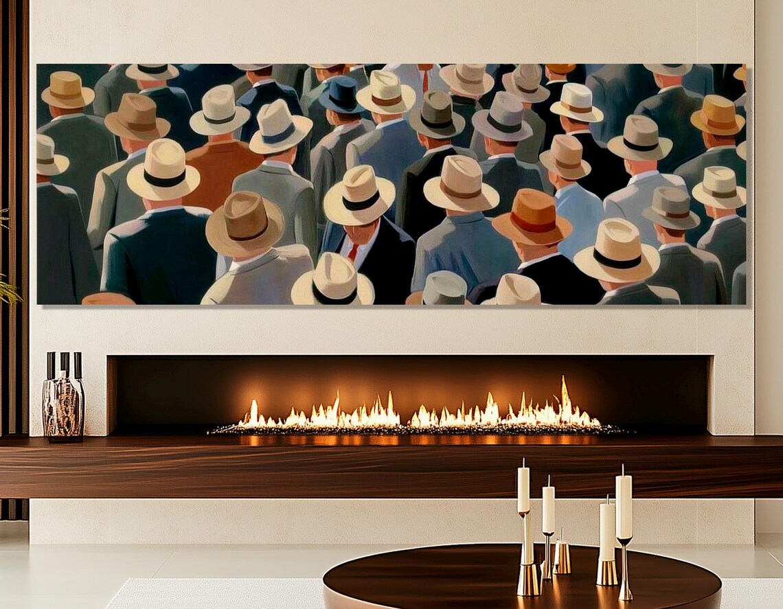 Men In Fedora Hats Retro Crowd Street Scene Vintage Art Poster