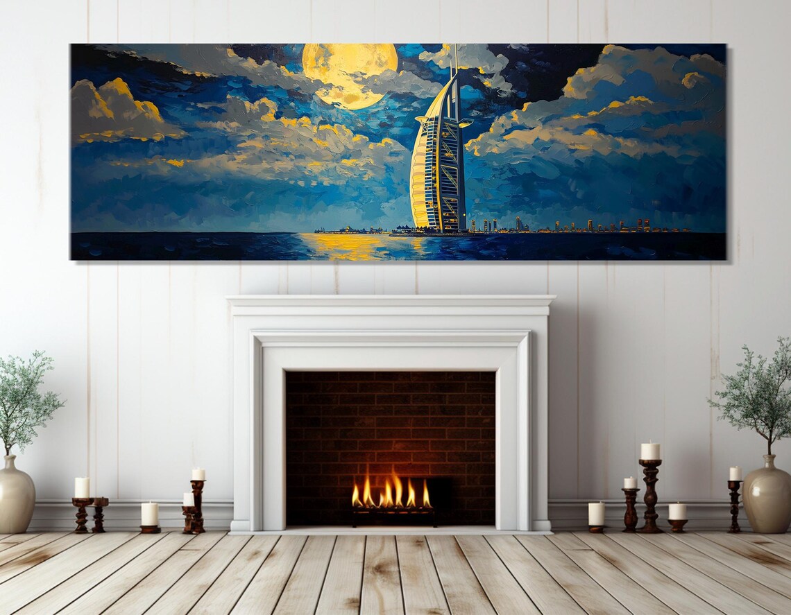 Dubai Burj Al Arab Night Sky Moon Triptych Oil Painting Travel Poster - Image 2