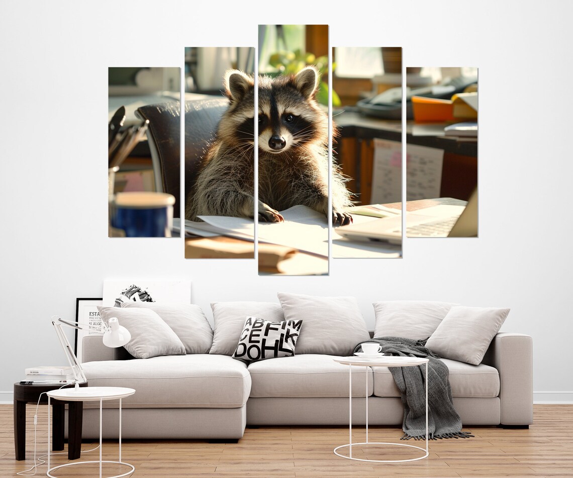 Funny Raccoon Office Worker at Desk with Laptop Funny Animal Wall Art Poster - Image 3