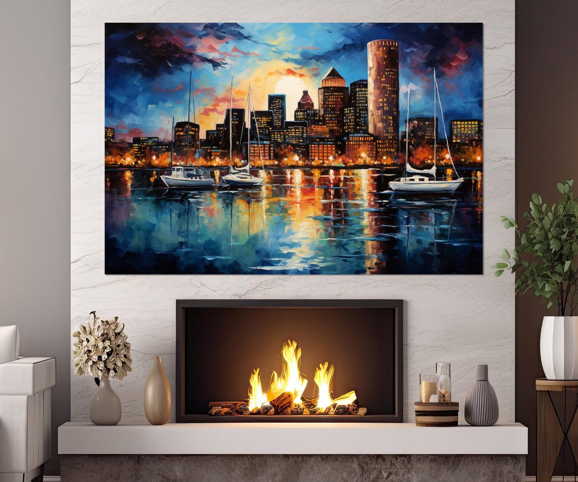 Boston Harbor Sailboats Sunset Skyline Reflection Painted Poster