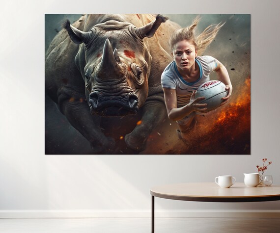 Woman Rugby Player Charging With Rhino Fierce Action Sports Wall Art Poster