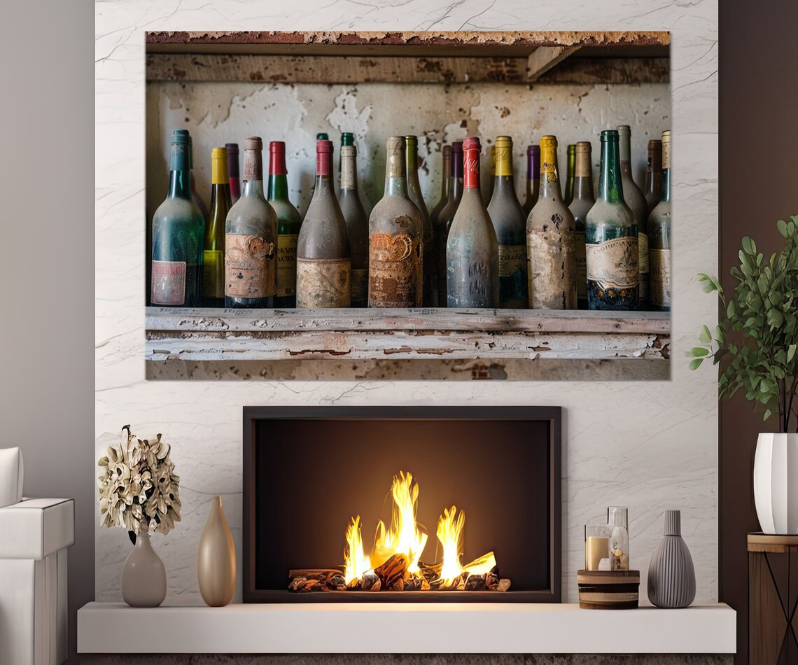 Old Dusty Wine Bottles Rustic Cellar Shelf Vintage Faded Labels Art Print