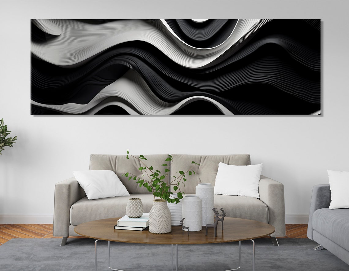 Black And White Abstract Flowing Waves Minimalist Modern Art Poster - Image 2