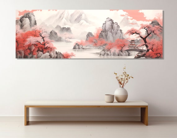 Traditional Chinese Wall Art Minimalist Mountains Painting Chinese Landscape Print Framed And Ready To Hang
