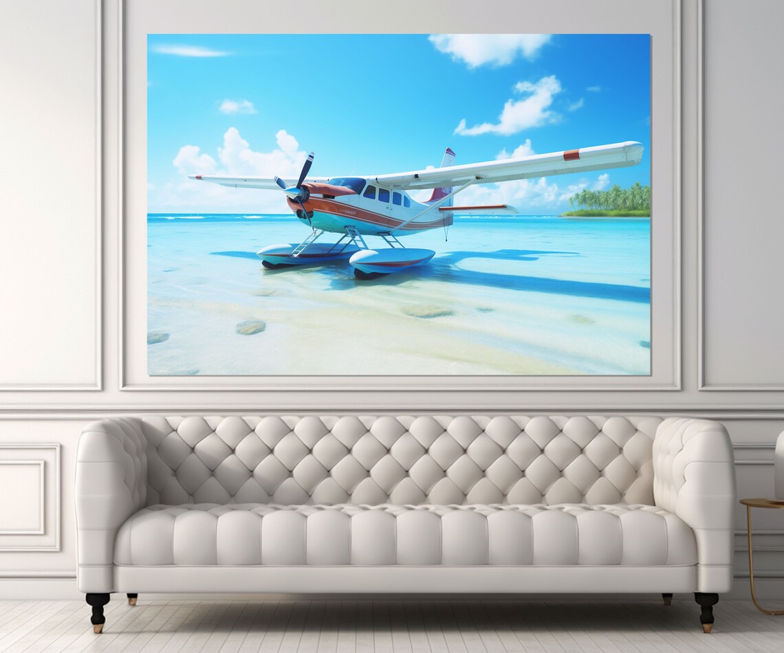 Seaplane Floating On Turquoise Beach Water Sunny Sky Travel Poster