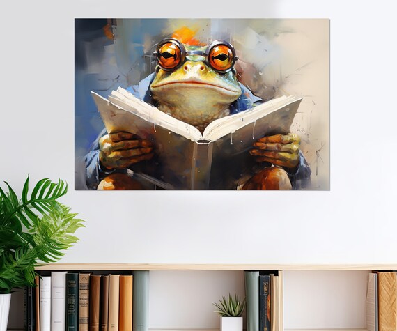 Cute Frog Wearing Round Orange Glasses Reading A Book Poster