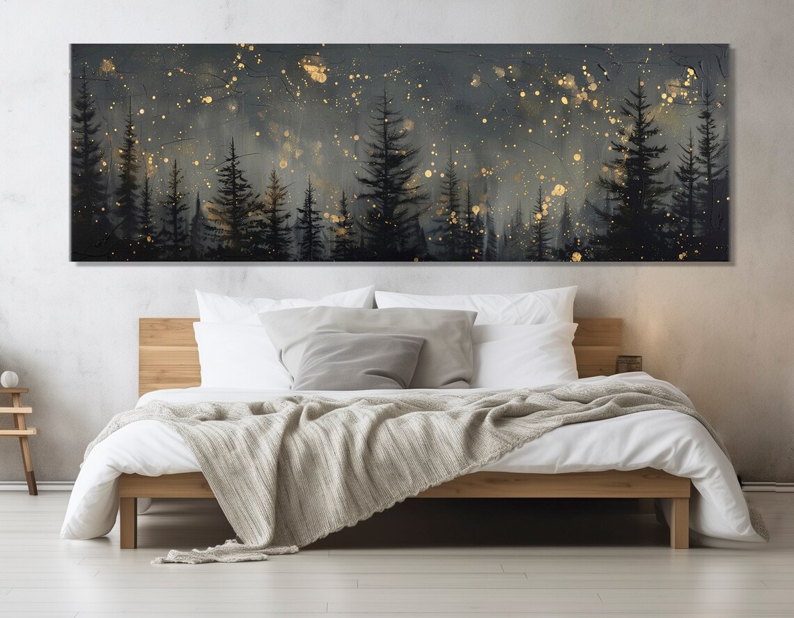 Large Pine Forest at Night, Abstract Starry Sky Art Print