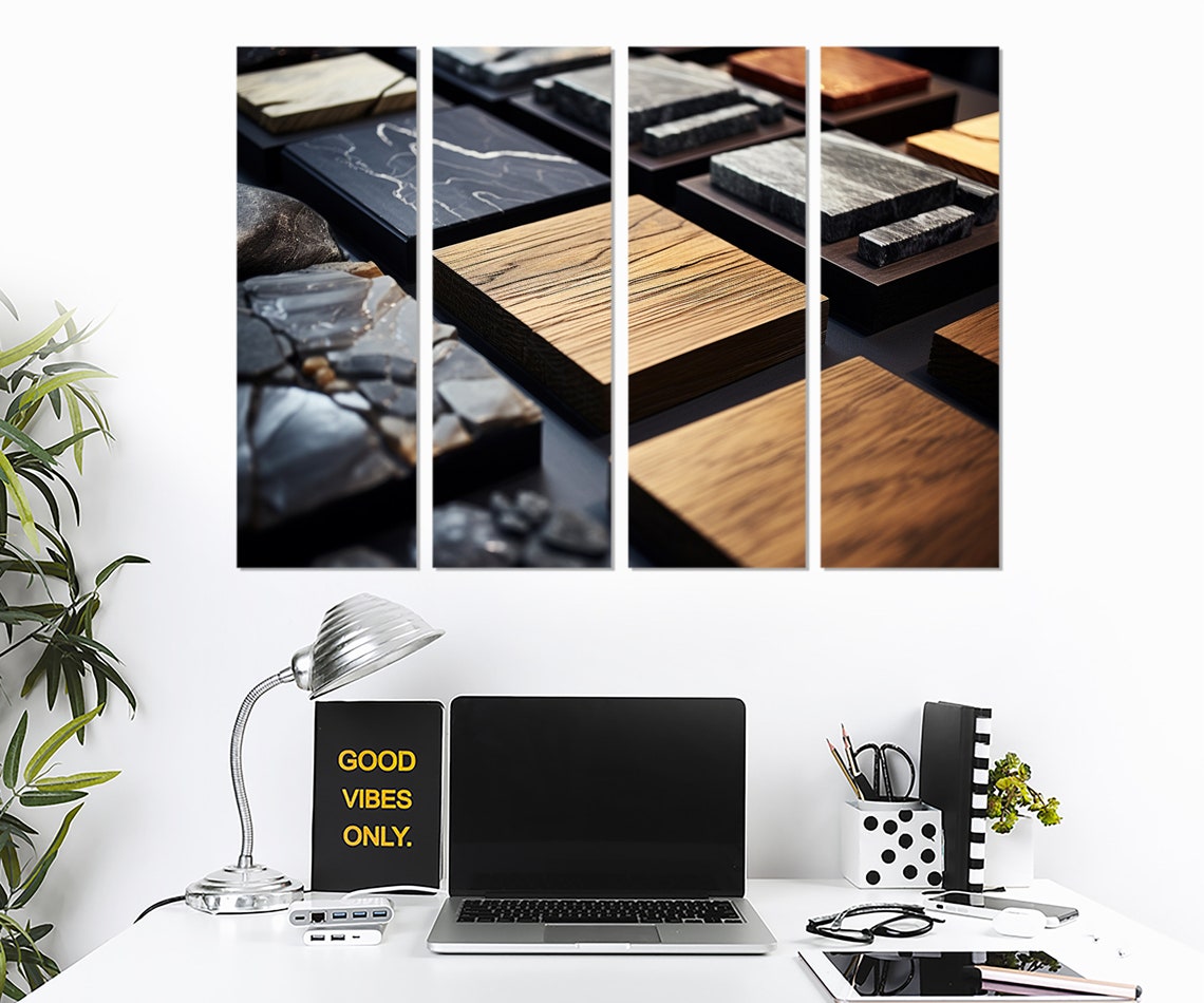 Wood And Marble Material Samples Interior Design Studio Print - Image 2