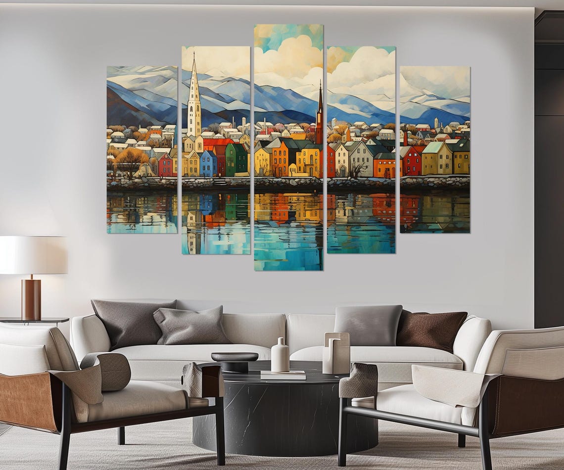 Reykjavik Iceland Waterfront Church Spires Mountains Color Poster - Image 2