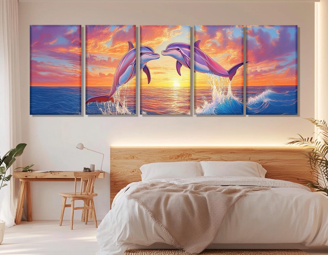 Dolphin Couple Leaping At Sunset Vibrant Ocean Waves Colorful Wall Art - Image 3
