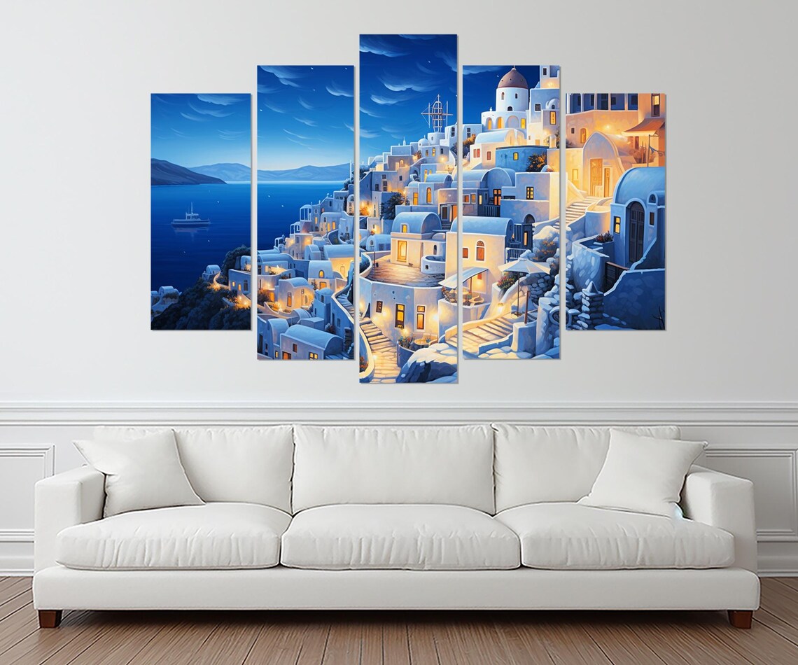 Santorini Greece Oia White Village Night Lights Blue Dome Poster - Image 3