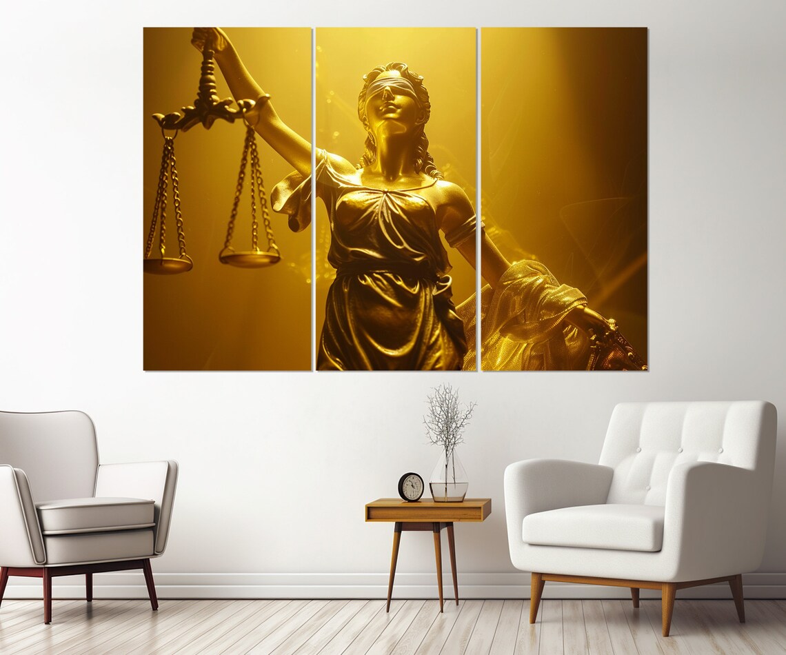 Golden Lady Justice Holding Scales Dramatic Glow Lawyer Office Decor Poster - Image 4