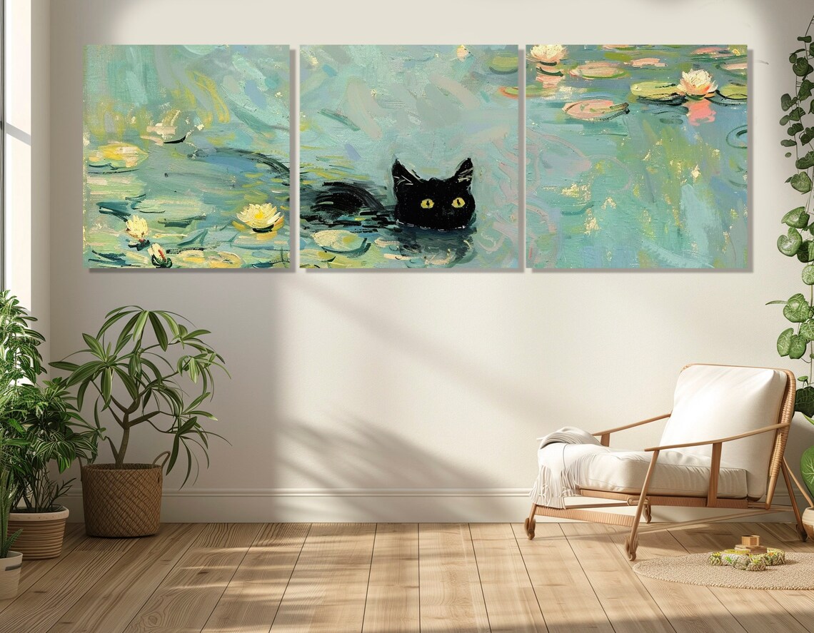 Black Cat Swimming In Water Lilies Monet Style Impressionist Poster - Image 3