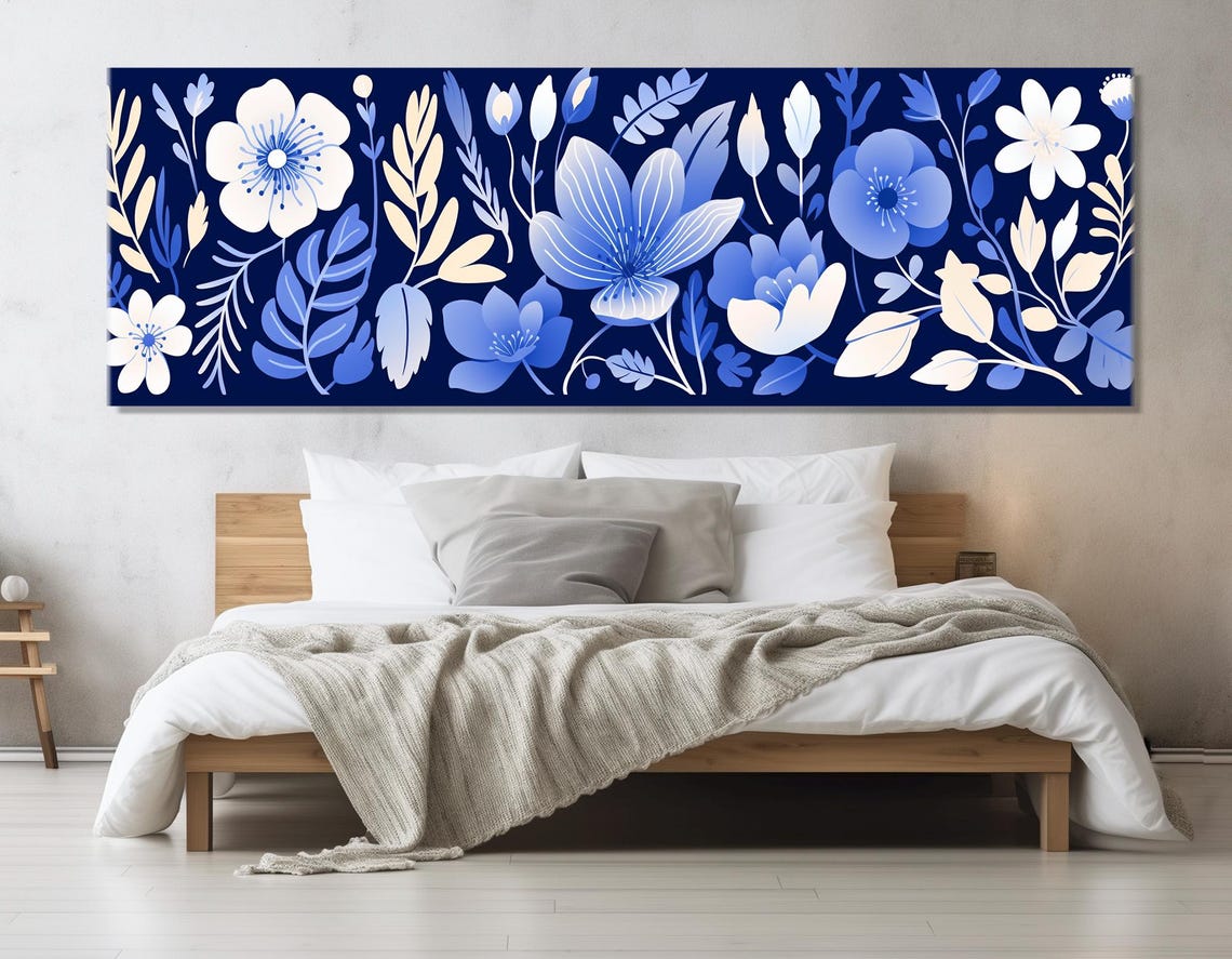 Navy Blue Botanical Floral White Cream Flowers Elegant Wall Art Poster
