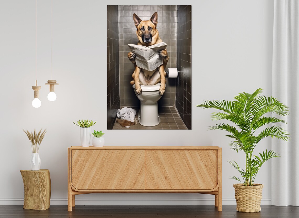 German Shepherd Dog On Toilet Reading Newspaper Funny Bathroom Wall Poster - Image 4