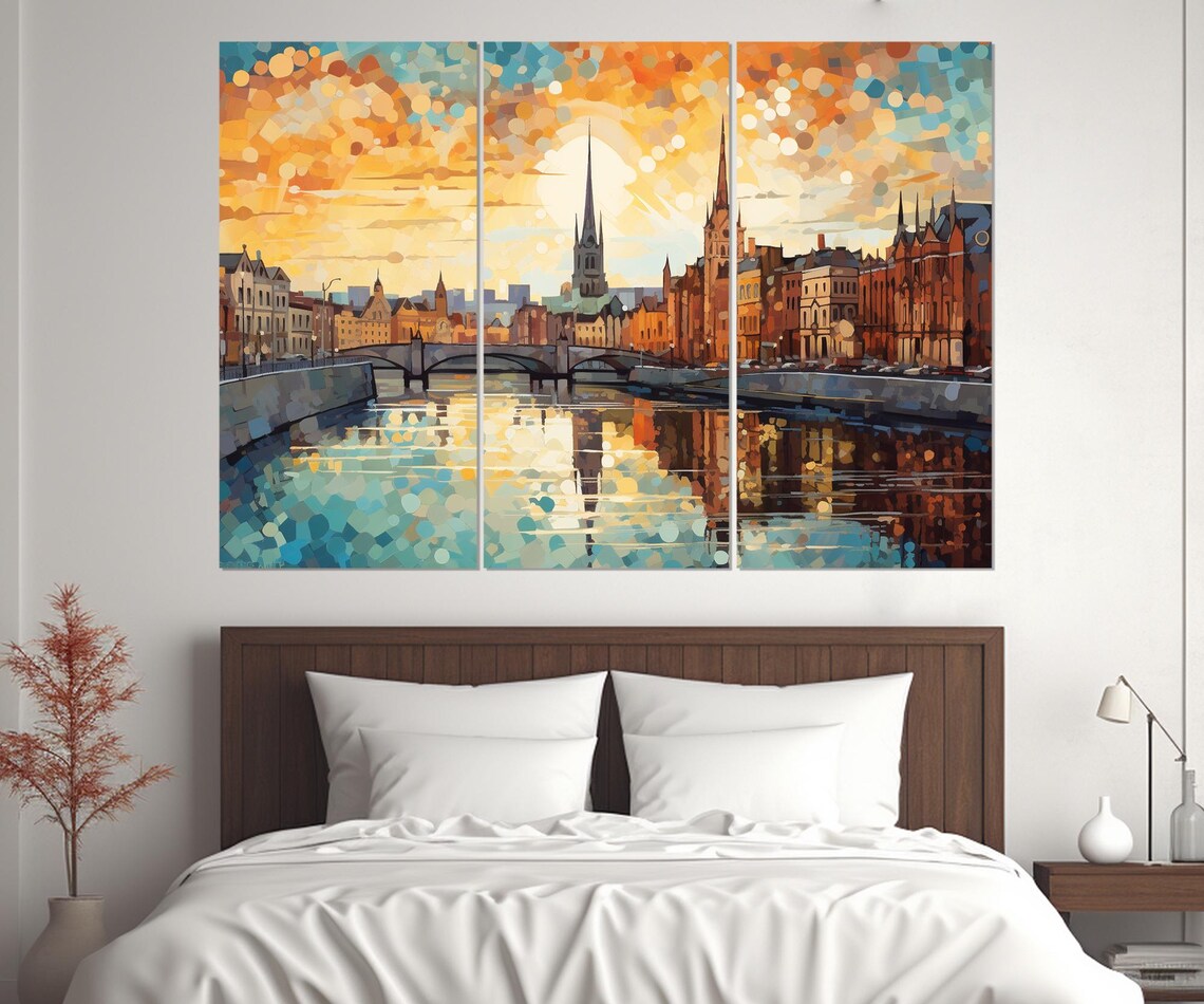 Dublin Ireland River City Skyline Bridge Golden Sky Painting Poster - Image 2