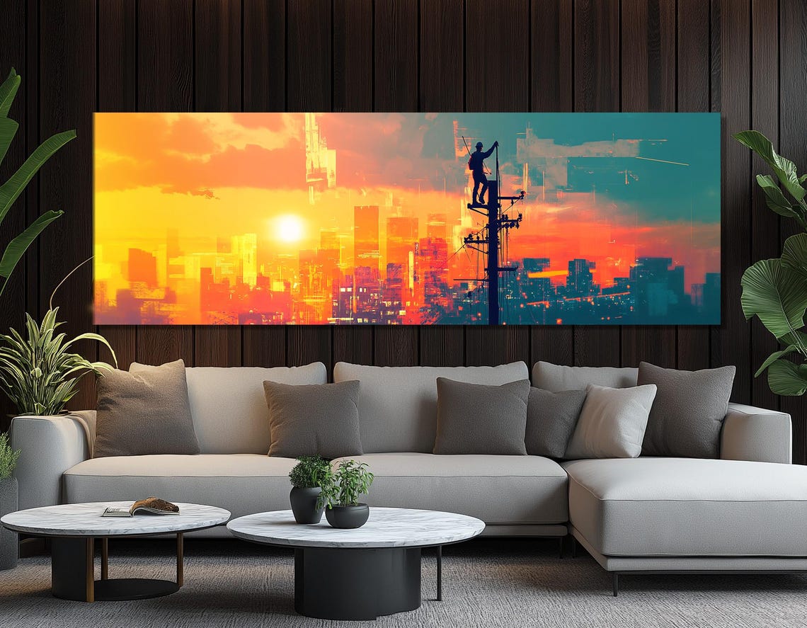 Electrician Silhouette Power Pole Sunset City Skyline Worker Poster