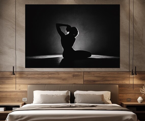 Woman Silhouette Kneeling Black White Dramatic Light Art Poster