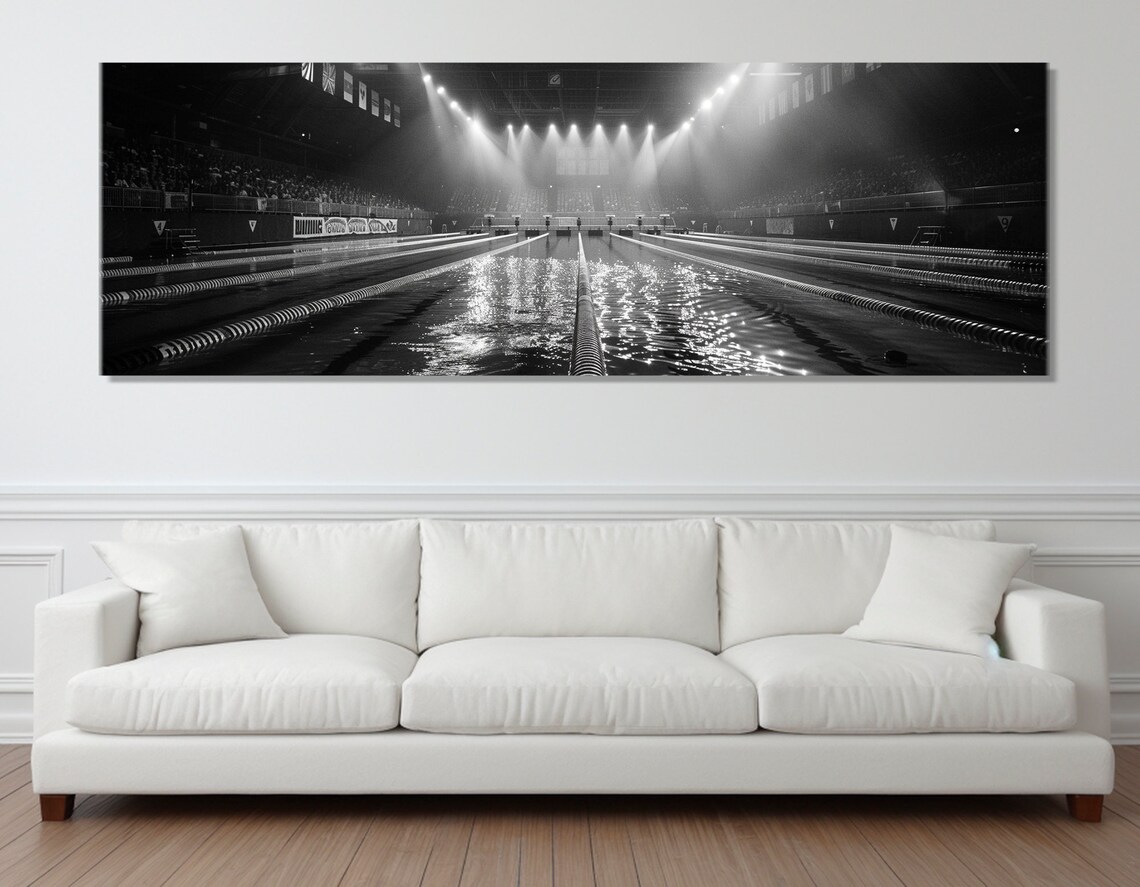 Black And White Olympic Swimming Pool Arena Night Lanes Sports Poster