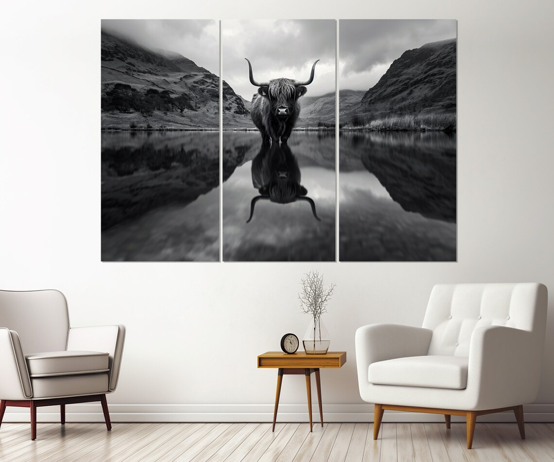 Highland Cow in Mountains, Black and White Farmhouse Art Print - Image 3