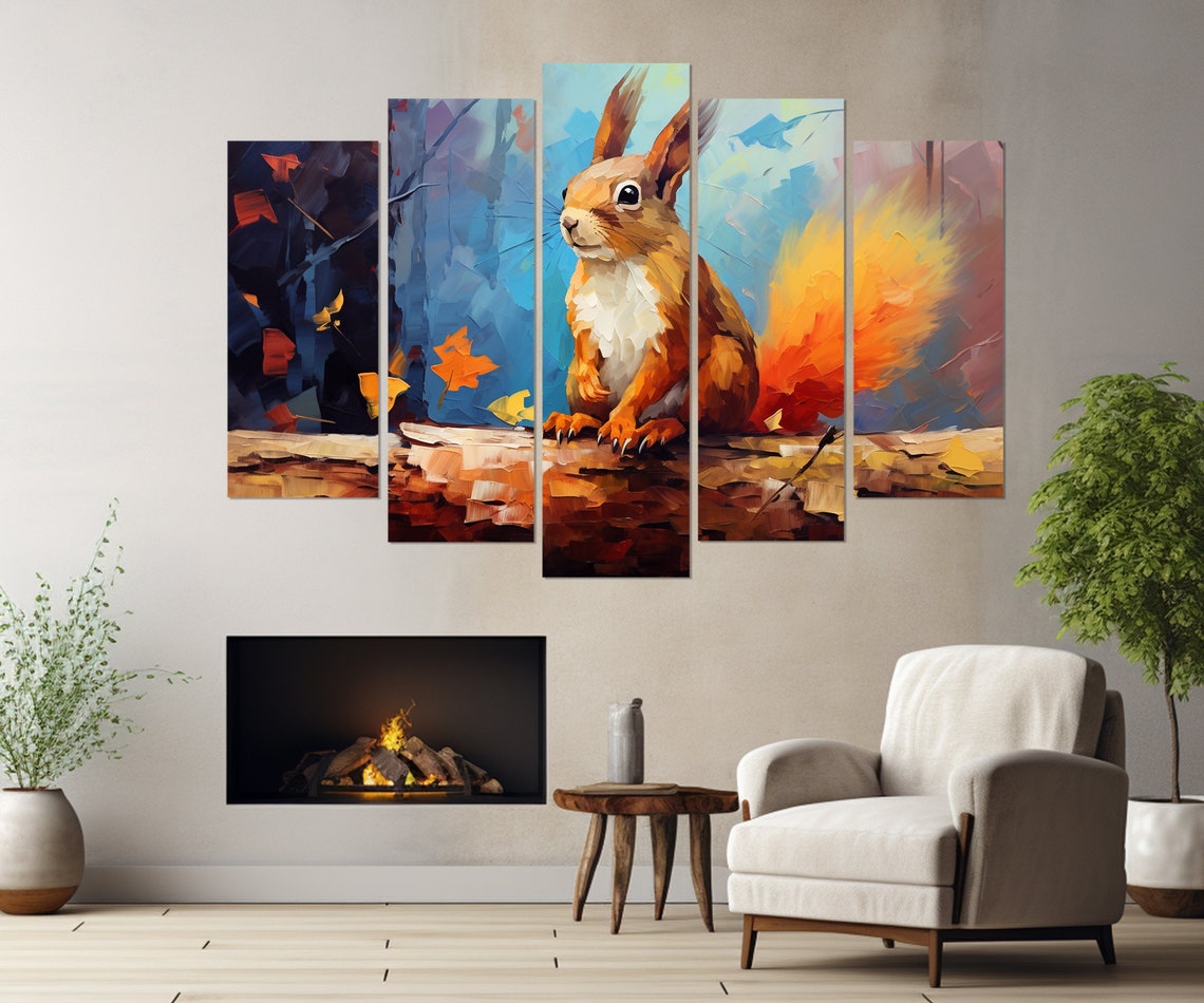 Red Squirrel Sitting On A Log In An Autumn Forest Impressionist Poster - Image 3