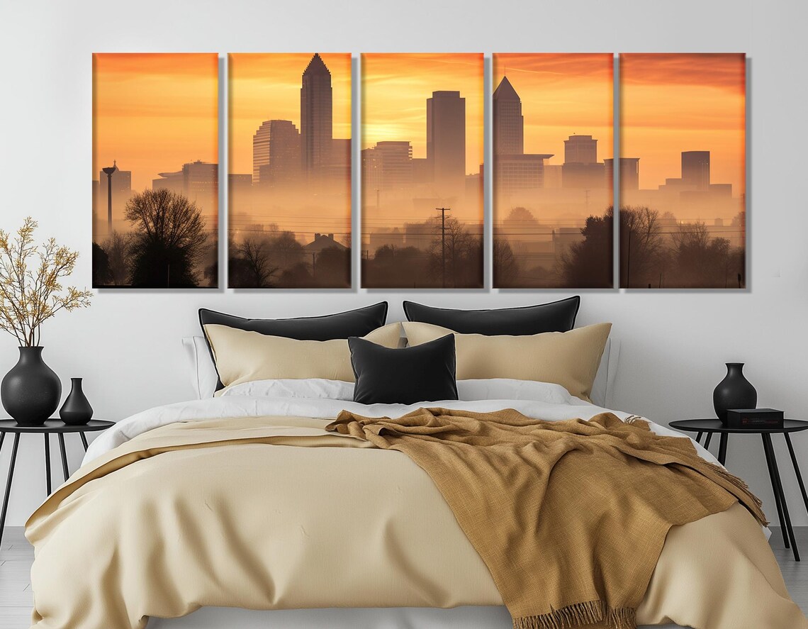 Misty Indianapolis Sunrise Skyline In Golden Haze With Trees Poster - Image 3
