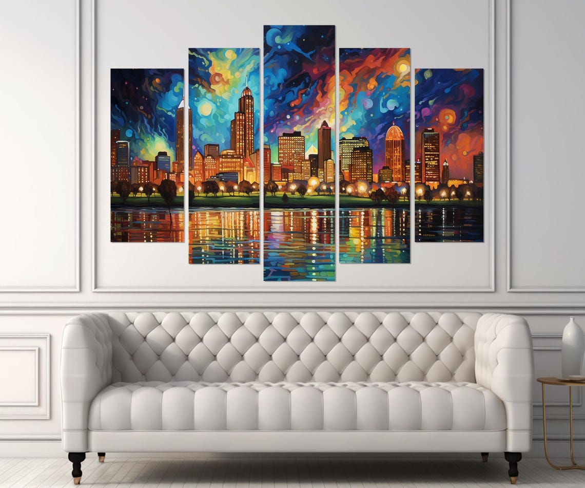 Detroit Skyline Abstract Night City Lights River Reflection Poster - Image 3