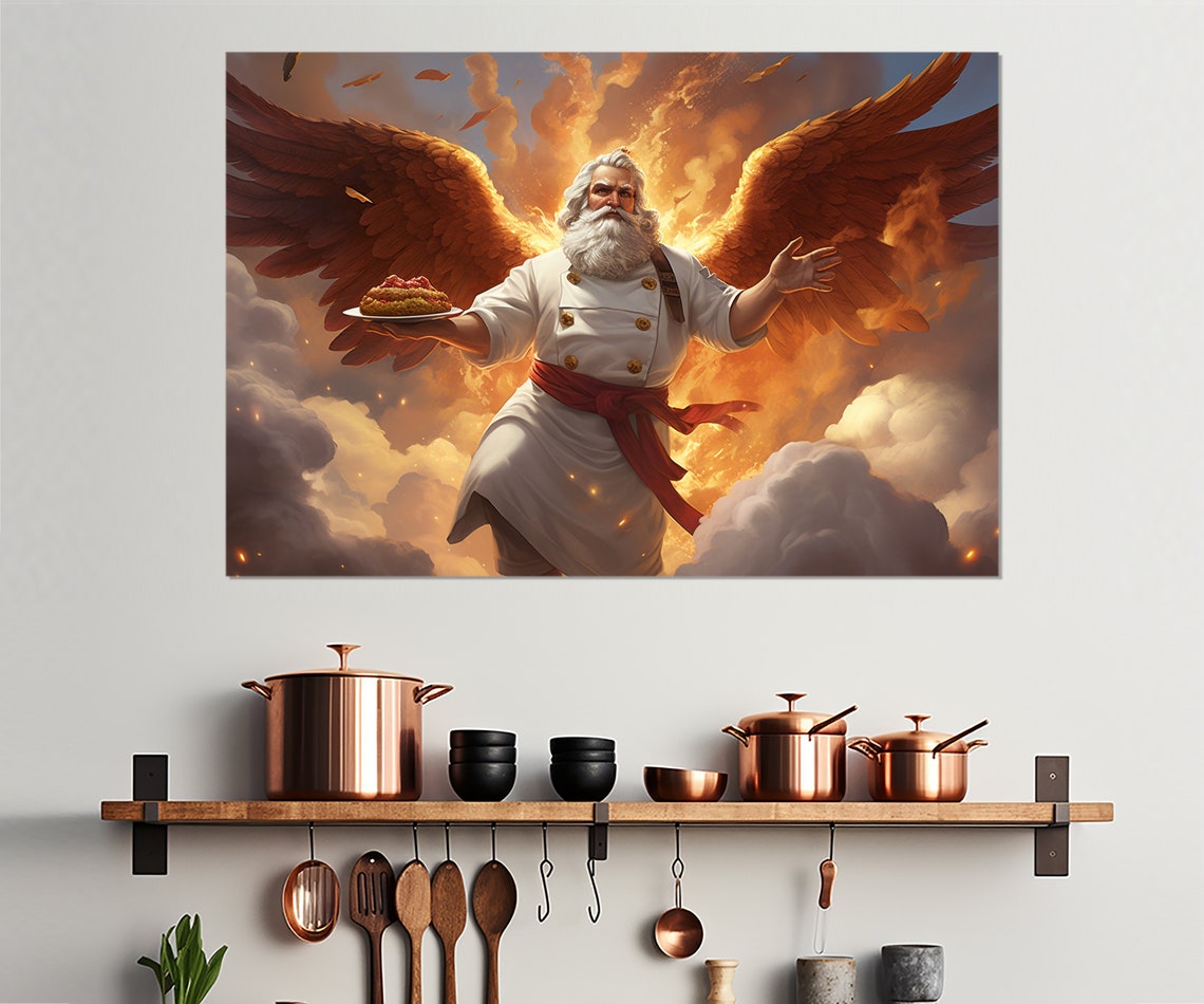 Winged Chef Angel Fiery Clouds Epic Kitchen Fantasy Painting Poster