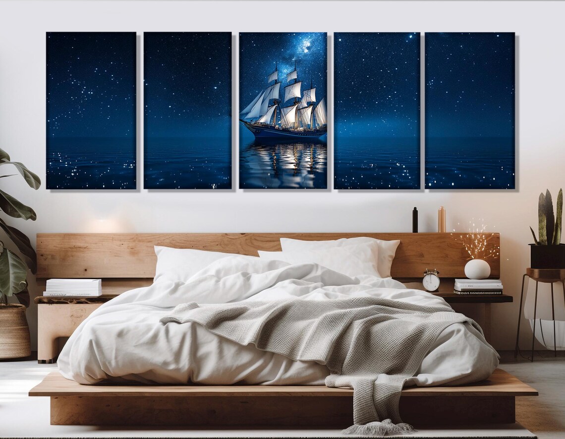 Tall Ship Under Starry Night Sea Milky Way Triptych Sailing Wall Art Poster - Image 3