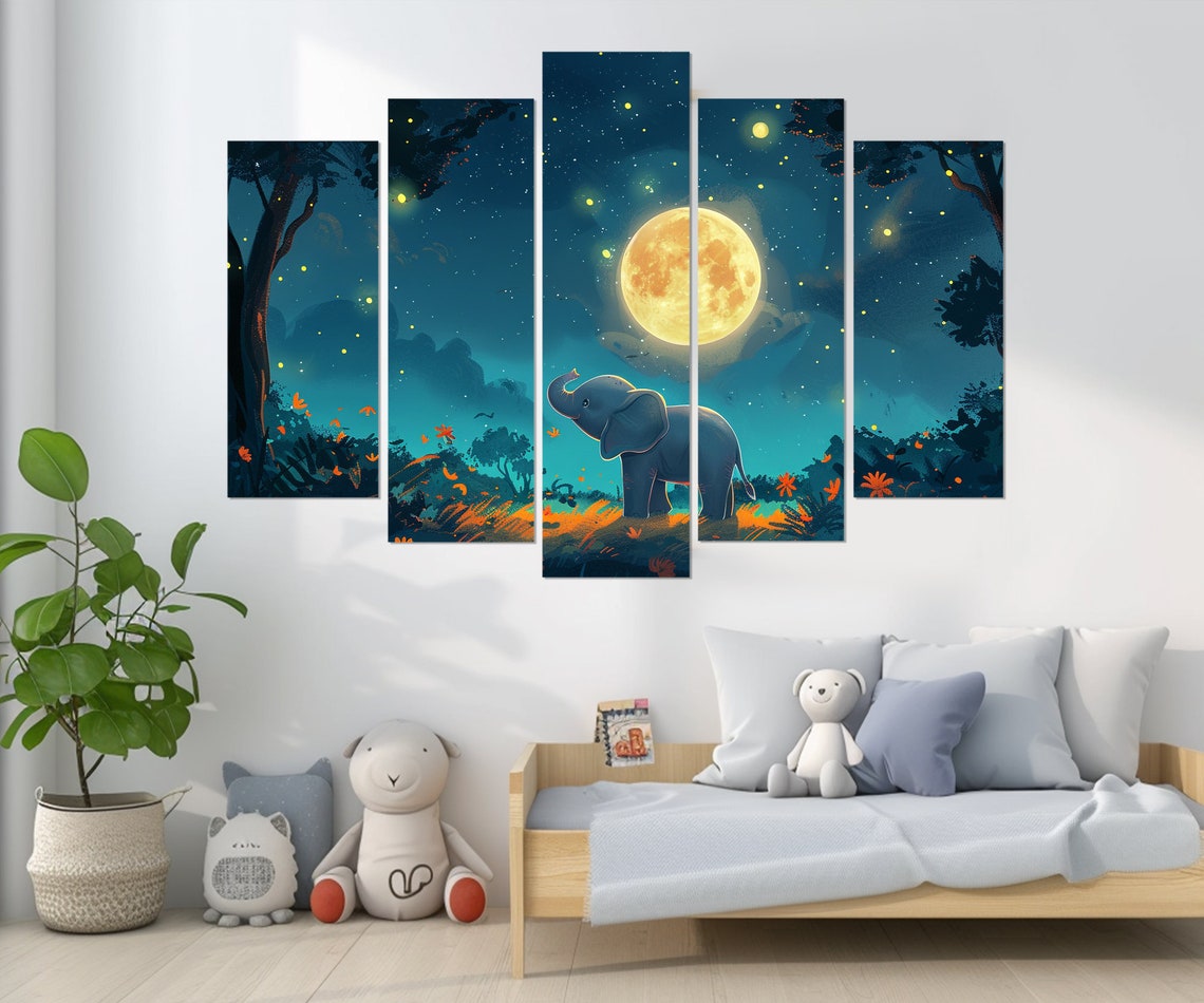 Baby Elephant Looking At Full Moon Forest Night Nursery Wall Art - Image 2