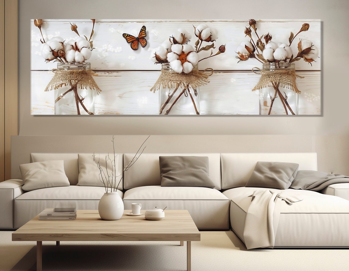 Cotton Flowers In Jars Triptych Farmhouse Rustic Butterfly Print - Image 2