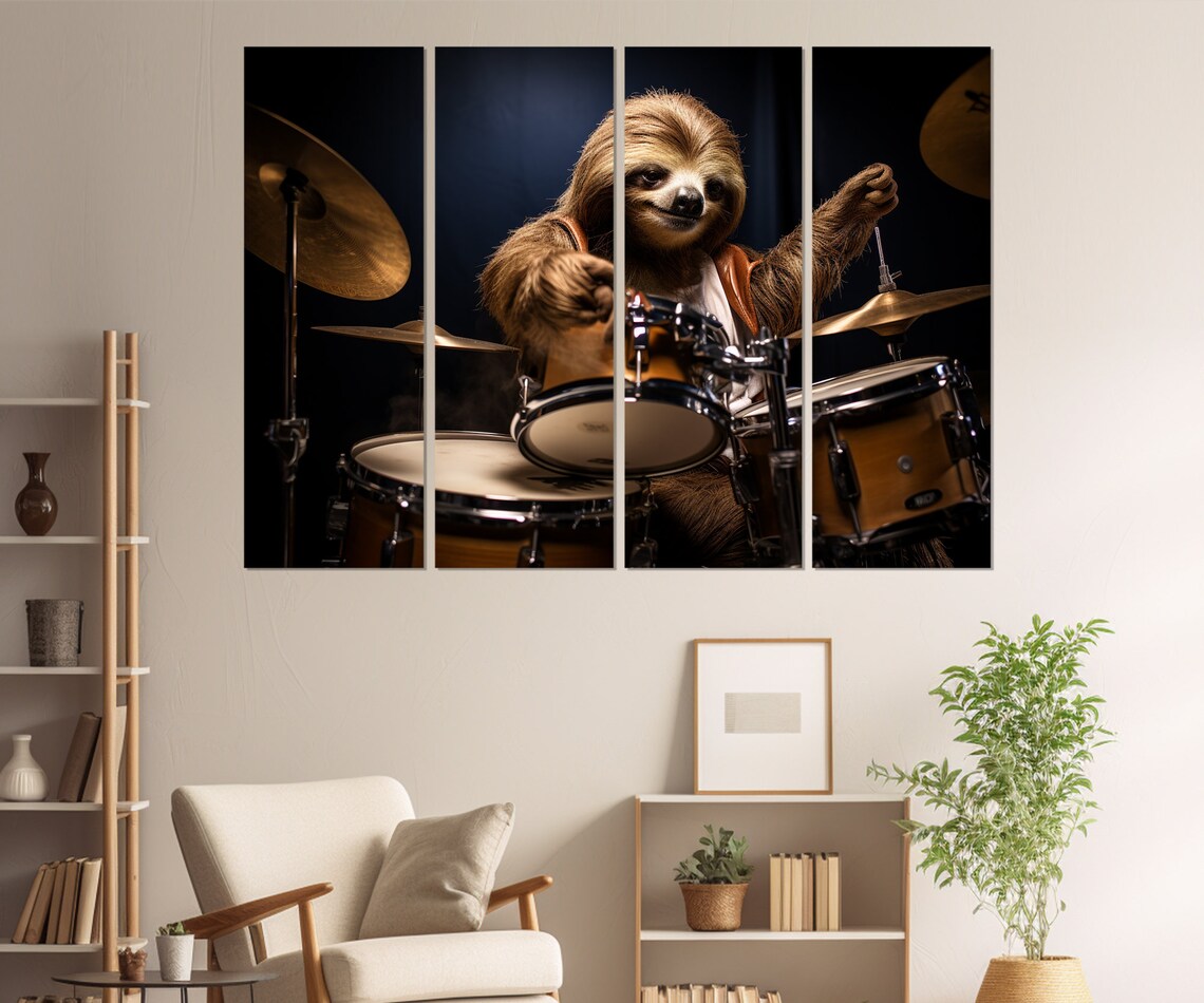 Sloth Drummer Playing Drum Kit On Dark Stage Funny Animal Musician Poster - Image 2