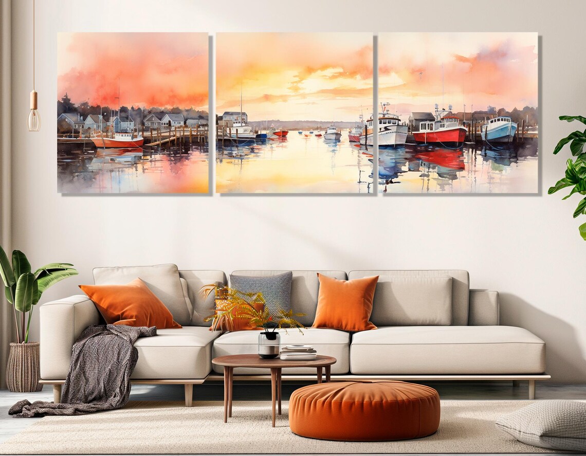 Fishing Harbor Sunset Boats Pink Orange Watercolor Nautical Art Poster - Image 2