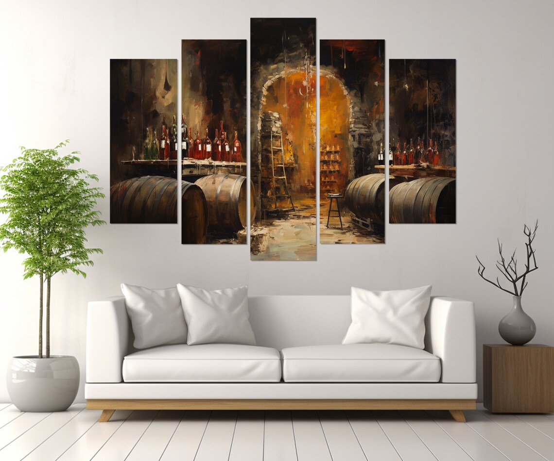 Wine Cellar Stone Archway Oil Painting Oak Barrels Bottles Wall Art Poster - Image 3