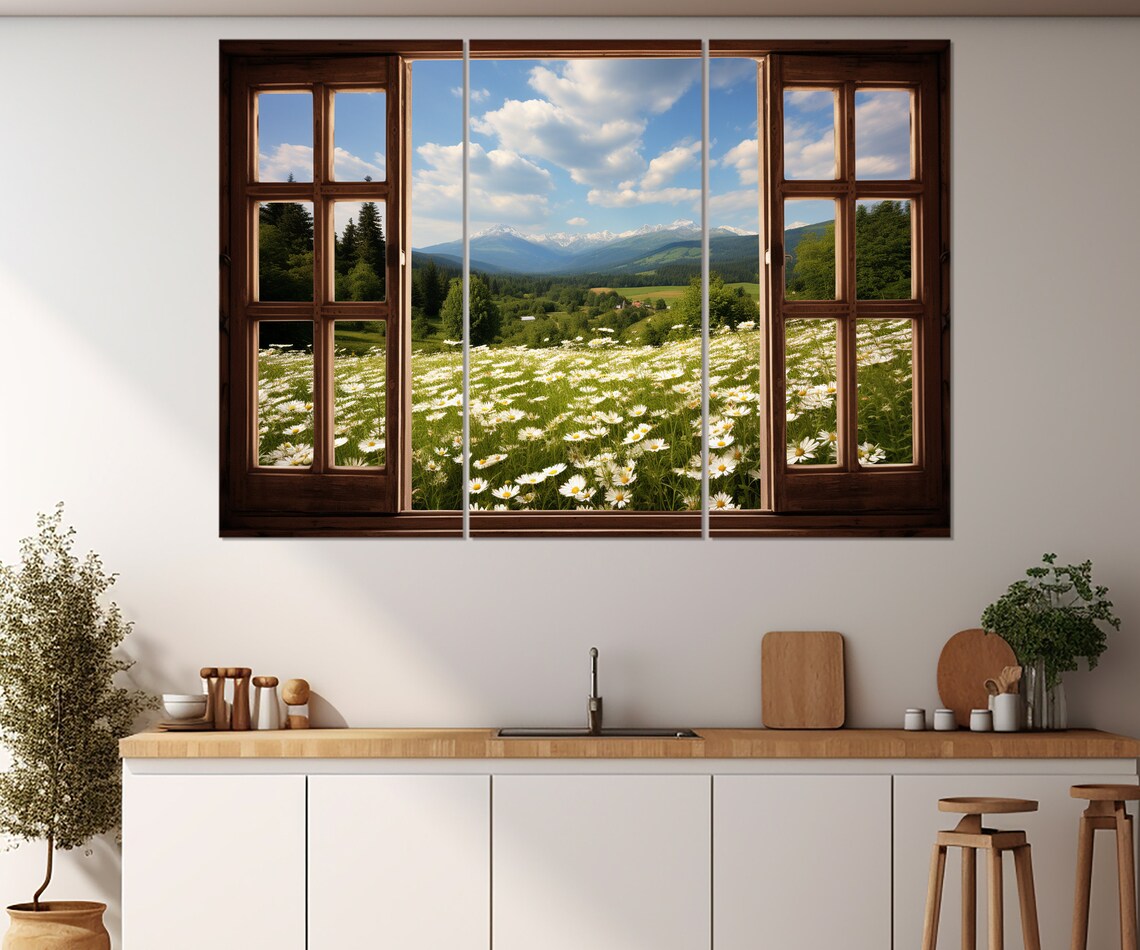 Open Window Overlooking Daisy Field Mountains Faux View Poster - Image 3