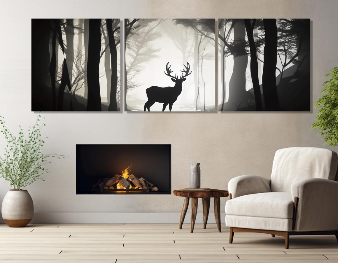 Stag Silhouette Misty Forest Black White Triptych Wildlife Poster