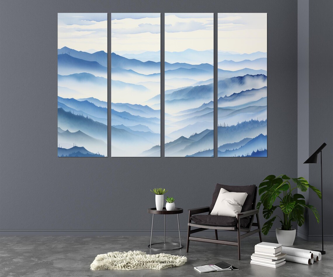 Blue Ridge Mountains Layered Blue Peaks Misty Fog Watercolor Poster - Image 3