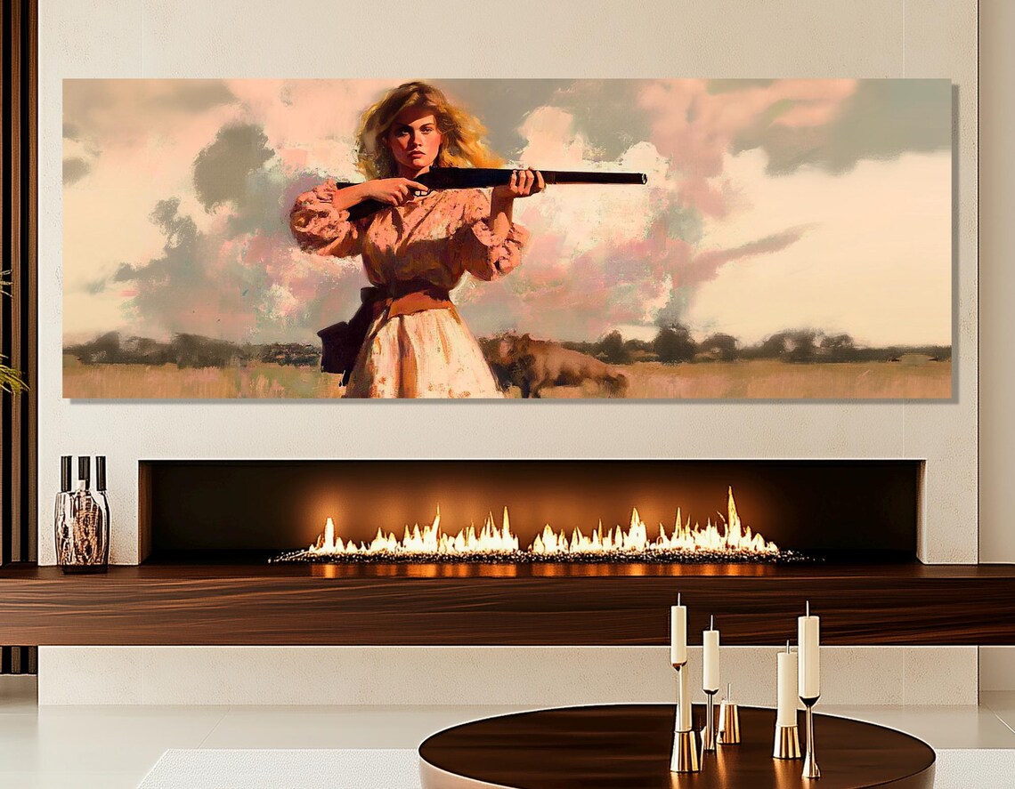 Retro Woman With Rifle Prairie Sunset Vintage Western Style Poster