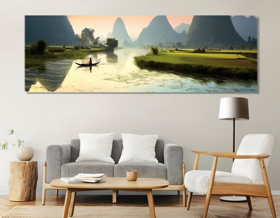 Scenic Asian Nature Landscape Print Panoramic River Painting Large Nature Wall Art Framed And Ready To Hang