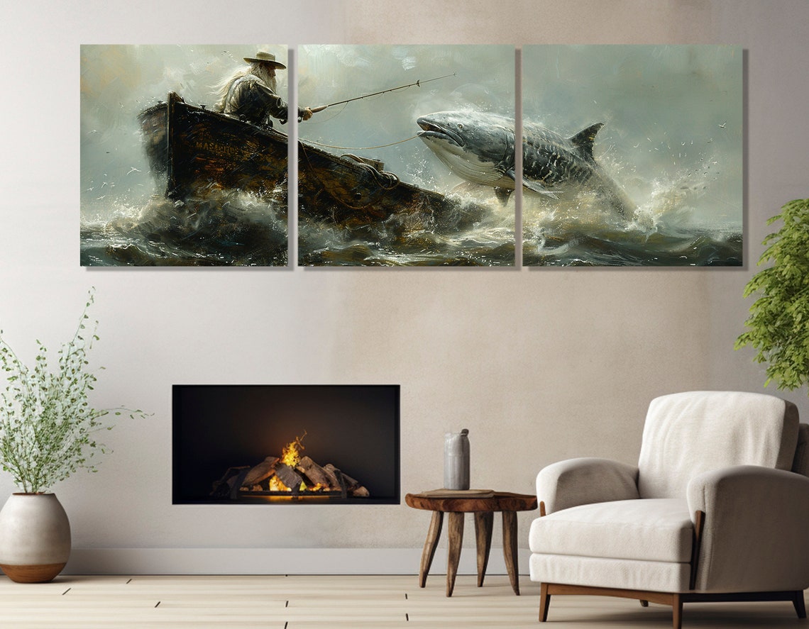 Abstract Fishing Wall Art Old Man Fishing In Stormy Sea Painting Print Fisherman Gift Framed And Ready To Hang - Image 4