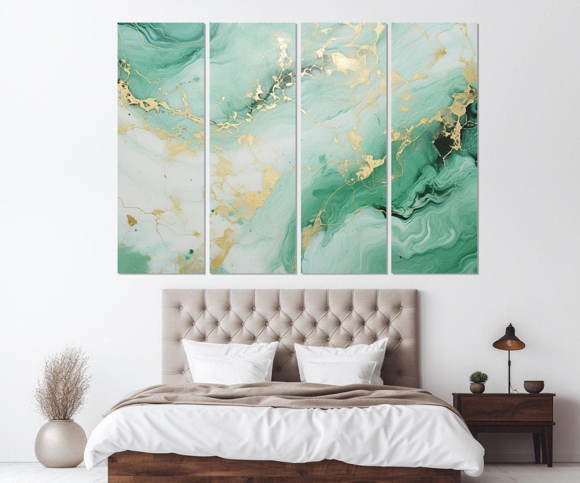 Green White Marble Gold Swirls Luxury Abstract Modern Wall Art Poster - Image 2