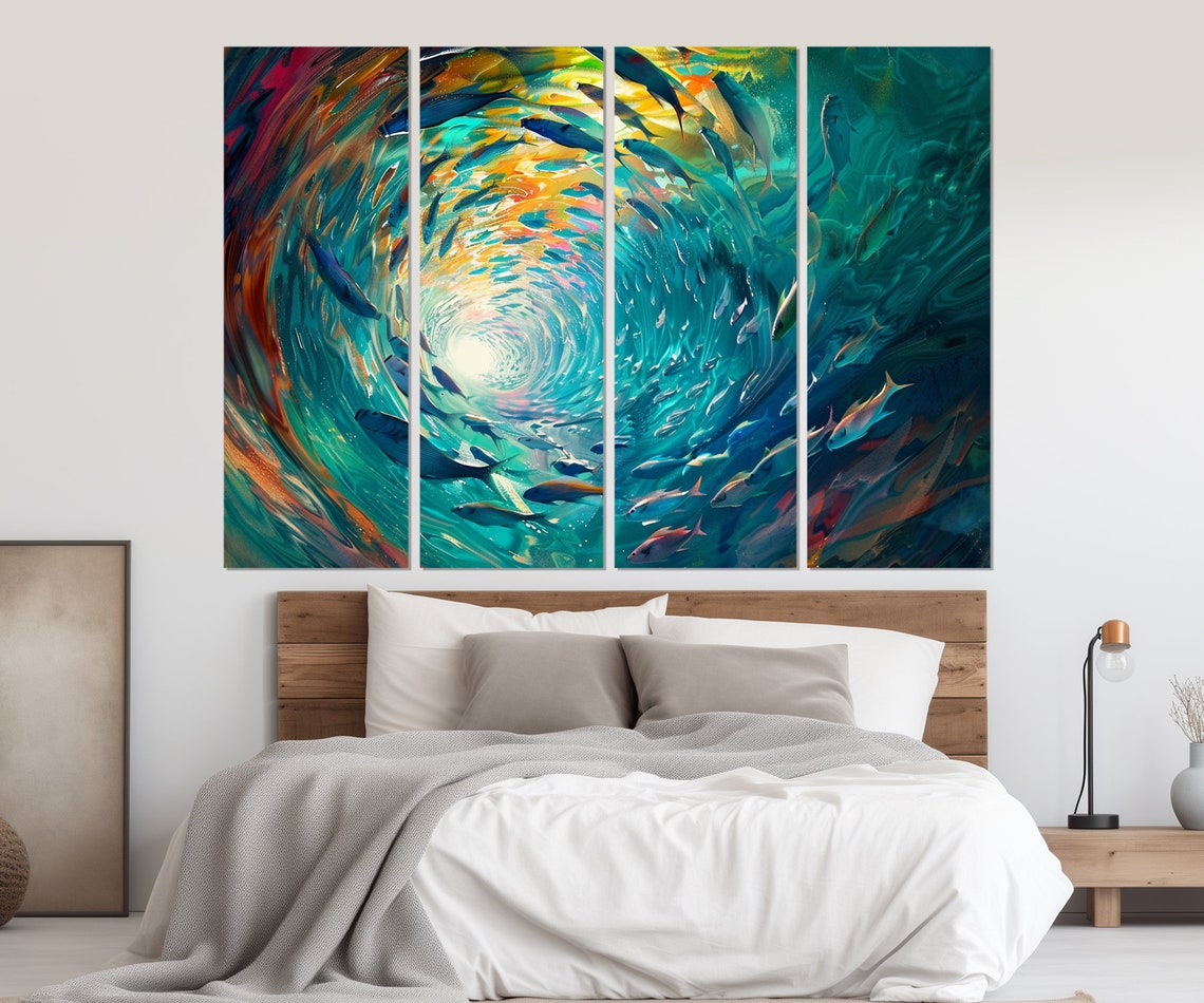 School Of Fish Swirling Ocean Vortex Turquoise Abstract Painting Print - Image 3