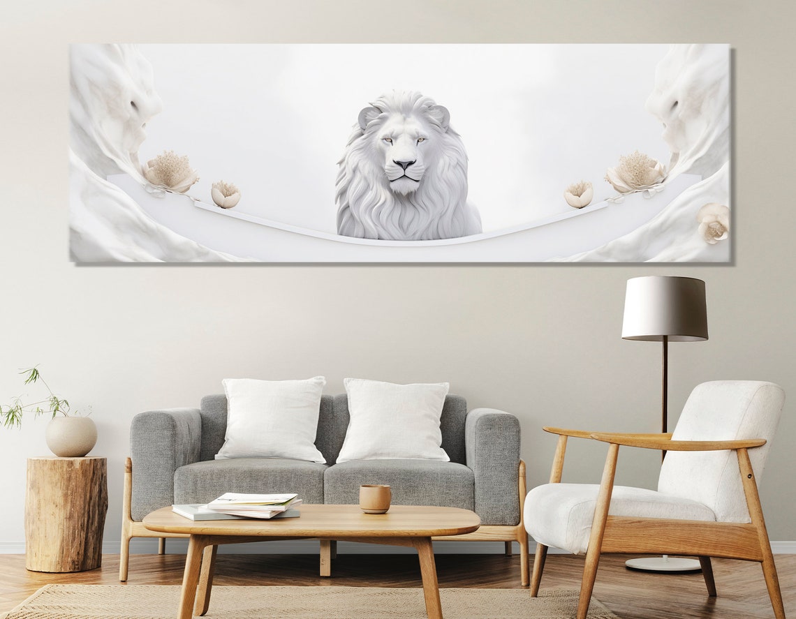 White Lion Portrait Three Panel Split Canvas Minimalist Animal Poster - Image 3